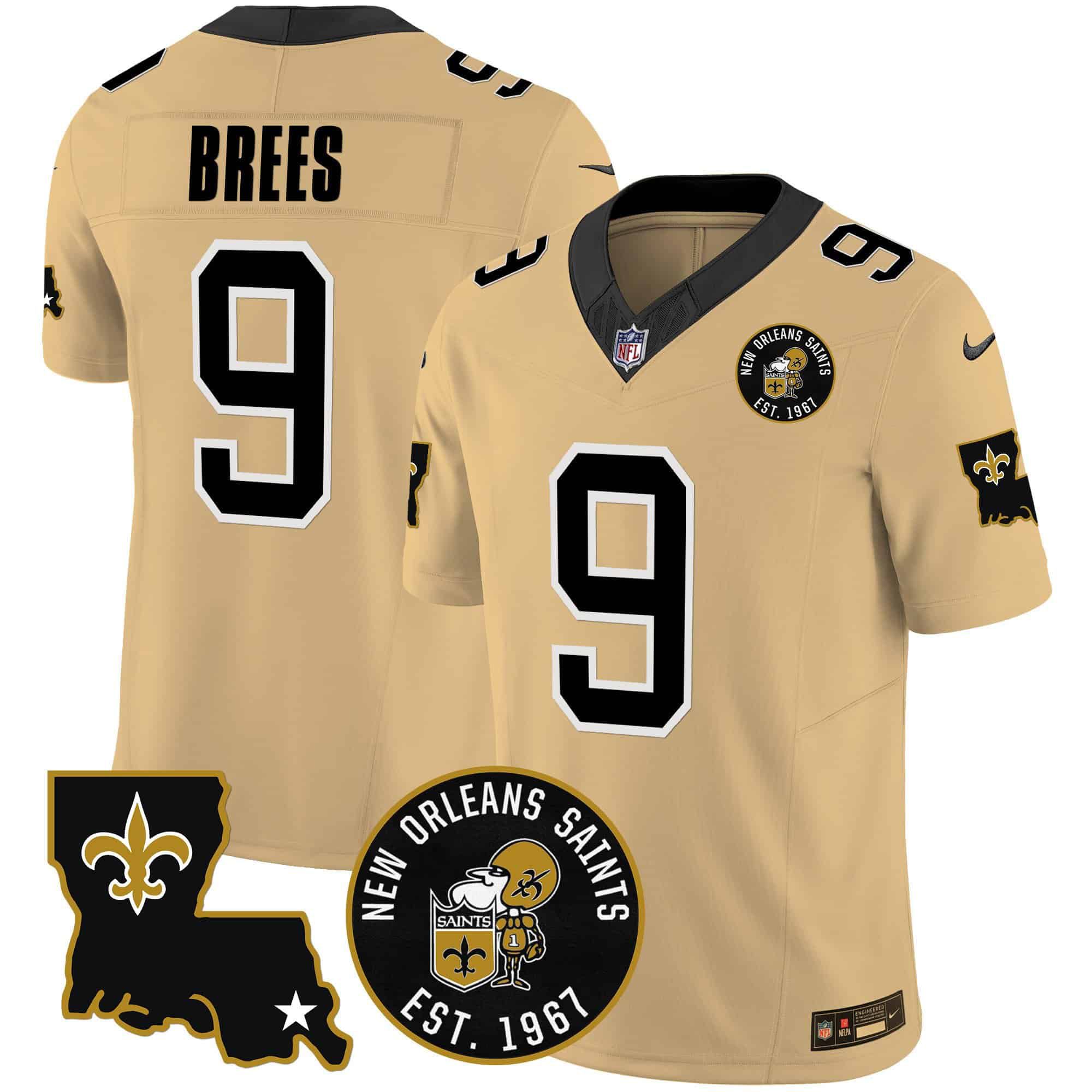 Men New Orleans Saints 9 Brees Yellow 2024 Nike 1967 Patch Vapor Limited NFL Jersey style 1